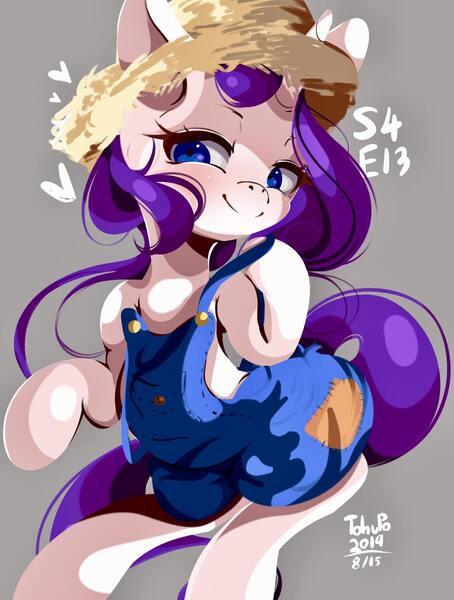 Size: 1491x1972 | Tagged: safe, artist:tohupo, derpibooru import, rarity, pony, unicorn, simple ways, bedroom eyes, clothes, heart, looking at you, overalls, rarihick, smiling, solo, sultry