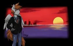 Size: 1516x965 | Tagged: safe, artist:kiminofreewings, derpibooru import, oc, oc:kimino, anthro, pegasus, pony, artwork, city, clothes, design, grand theft auto, gta v, looking up, ocean, reference, screen, solo, sunset