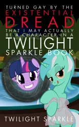 Size: 1173x1875 | Tagged: safe, artist:niggerfaggot, derpibooru import, lyra heartstrings, twilight sparkle, alicorn, pony, unicorn, bedroom eyes, book cover, chuck tingle, clothes, cover, female, floating head, human pose, interdimensional rift, licking, licking lips, looking at you, night, parody, poolside, see-through, show accurate, smiling, stripping, tongue out