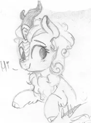 Size: 294x396 | Tagged: artist:pucksterv, autumn blaze, bronycon, bronycon 2019, bust, derpibooru import, dialogue, female, grayscale, heart, hi, kirin, monochrome, safe, sketch, sketchbook, solo