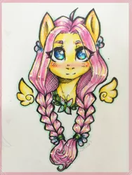 Size: 2976x3968 | Tagged: safe, artist:zefirka, derpibooru import, fluttershy, pegasus, pony, alternate hairstyle, blushing, braid, bust, eye clipping through hair, female, floating wings, flower, flower in hair, full face view, looking at you, mare, portrait, smiling, solo, traditional art, twin braids, wings