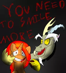 Size: 1350x1500 | Tagged: semi-grimdark, artist:dark-kisame, derpibooru import, discord, oc, oc:burnice bright, draconequus, unicorn, blood, dark background, forced smile, glasgow smile, simple background