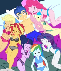 Size: 1764x2060 | Tagged: suggestive, artist:succubi samus, derpibooru import, applejack, flash sentry, fluttershy, pinkie pie, rainbow dash, rarity, sci-twi, sunset shimmer, twilight sparkle, equestria girls, awkward, awkward moment, balloonbutt, bed, belly button, black underwear, blue underwear, boxer briefs, boxers, bra, breasts, butt, cleavage, clothes, commission, cuddling, female, flash sentry gets all the waifus, flashdash, flashimmer, flashjack, flashlight, flutterflash, green underwear, hairpin, harem, humane five, humane seven, humane six, laying on bed, lingerarity, lingerie, lucky bastard, lying down, lying on top of someone, male, meme, on bed, panties, pillow, pinkiesentry, polyamory, purple underwear, red underwear, sciflash, sentrity, shipping, shocked expression, show accurate, side, sleeping, straight, this will end in pain, underwear, waifu thief