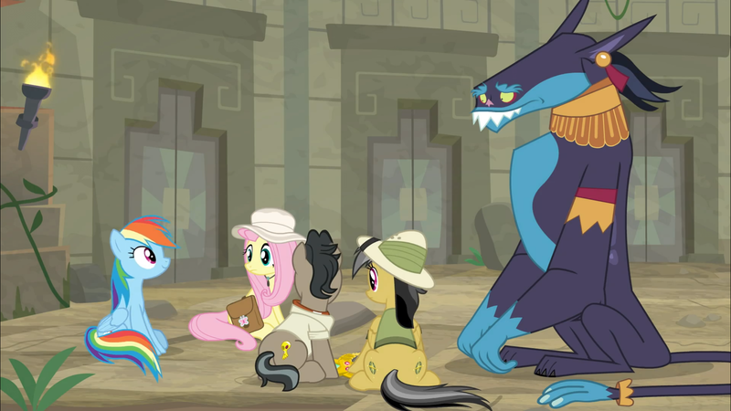 Size: 1920x1079 | Tagged: safe, derpibooru import, screencap, ahuizotl, daring do, doctor caballeron, fluttershy, rainbow dash, ahuizotl (species), earth pony, pegasus, pony, daring doubt, ahuidorable, bag, cute, female, hat, male, mare, pith helmet, saddle bag, stallion, torch