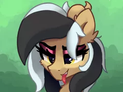 Size: 2885x2160 | Tagged: safe, artist:approximate, derpibooru import, oc, oc:proxy, demon, demon pony, original species, abstract background, bedroom eyes, bust, eyeshadow, makeup, simple background, solo, tongue out