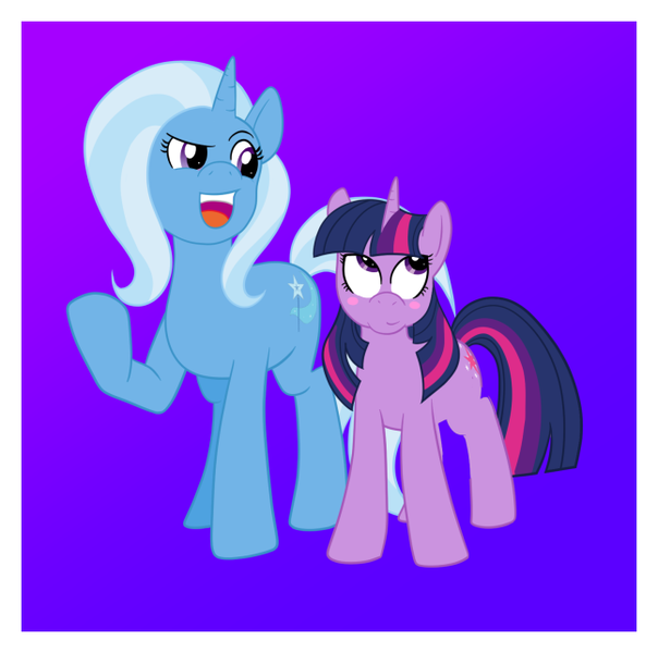 Size: 647x643 | Tagged: safe, artist:catross, derpibooru import, trixie, twilight sparkle, pony, unicorn, blushing, classic shipping, female, lesbian, mare, open mouth, raised hoof, shipping, size difference, twixie