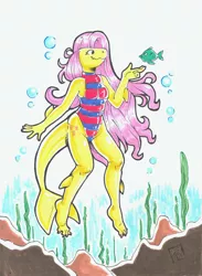 Size: 2472x3369 | Tagged: anthro, artist:raph13th, bubble, clothes, derpibooru import, female, fish, fluttershark, fluttershy, marker drawing, one-piece swimsuit, original species, plantigrade anthro, safe, shark, sharkified, shark pony, smiling, species swap, swimsuit, traditional art, underwater