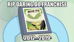 Size: 1024x576 | Tagged: 2012, 2019, book, caption, daring do, daring do and the fallen idol, daring do books, daring doubt, derpibooru import, edit, edited screencap, end of ponies, image macro, press f to pay respects, rainbow dash, rest in peace, safe, screencap, text