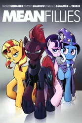 Size: 1737x2618 | Tagged: safe, artist:andypriceart, derpibooru import, edit, editor:dsp2003, starlight glimmer, sunset shimmer, tempest shadow, trixie, pony, unicorn, armor, broken horn, eye scar, female, hoof shoes, horn, looking at you, mare, mean girls, movie poster, parody, poster, quartet, s5 starlight, scar, signature, smiling, smirk, unicorn master race, zipper