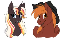 Size: 1280x811 | Tagged: safe, artist:its-gloomy, derpibooru import, oc, oc:calamity, oc:velvet remedy, unofficial characters only, pegasus, pony, unicorn, fallout equestria, fanfic, bust, cowboy hat, dashite, fanfic art, female, grin, hat, horn, male, mare, open mouth, portrait, simple background, smiling, stallion, white background, wings