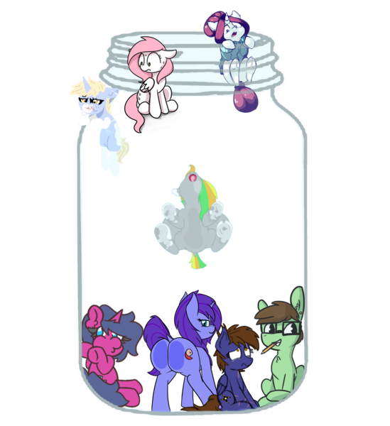 Size: 1752x1916 | Tagged: safe, artist:angrylittlerodent, artist:memeancholy, artist:nootaz, artist:ponkus, artist:seafooddinner, artist:sugar morning, artist:threetwotwo32232, artist:tjpones, derpibooru import, oc, oc:dauntless, oc:fizzy pop, oc:nootaz, oc:odd inks, oc:seafood dinner, oc:sugar morning, oc:taffeta, oc:tjpones, pegasus, pony, unicorn, against glass, butt, dock, eating glass, female, glass, glasses, jar, looking at you, plot, simple background, transparent background, trapped