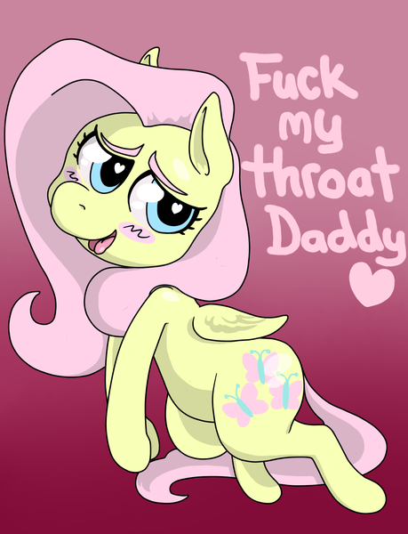 Size: 1300x1700 | Tagged: suggestive, alternate version, artist:shrimpshogun, derpibooru import, fluttershy, pegasus, pony, blush sticker, blushing, daddy kink, dialogue, female, folded wings, gradient background, heart eyes, mare, open mouth, sluttershy, solo, tongue out, vulgar, wingding eyes, wings