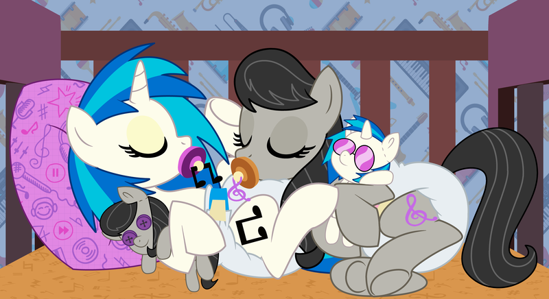 Size: 11000x6000 | Tagged: suggestive, artist:evilfrenzy, derpibooru import, octavia melody, vinyl scratch, pony, abdl, absurd resolution, adult foal, crib, cute, cutie mark pacifier, diaper, diaper fetish, female, fetish, lesbian, pacifier, plushie, poofy diaper, scratchtavia, shipping, sleeping, tavibetes, underhoof, vinylbetes