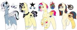 Size: 1024x407 | Tagged: safe, artist:midnightamber, derpibooru import, oc, oc:neon flames, oc:night roller, oc:smooth oak, oc:star slide, unofficial characters only, bat pony, earth pony, pegasus, pony, amputee, bandana, bat pony oc, bat wings, bubblegum, commission, ear piercing, earring, eyebrow piercing, eyeshadow, female, food, gum, jewelry, lip piercing, makeup, mare, markings, multicolored hair, neckerchief, necklace, piercing, prosthetic leg, prosthetic limb, prosthetics, raised hoof, raised leg, scar, simple background, skull, tattoo, tongue out, tooth, transparent background, wings