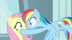 Size: 1920x1080 | Tagged: safe, derpibooru import, screencap, fluttershy, rainbow dash, pegasus, pony, daring doubt, cutie mark, hooves on cheeks, looking at each other, looking at someone, nose to nose, pouty lips, shipping fuel, wide eyes, wings