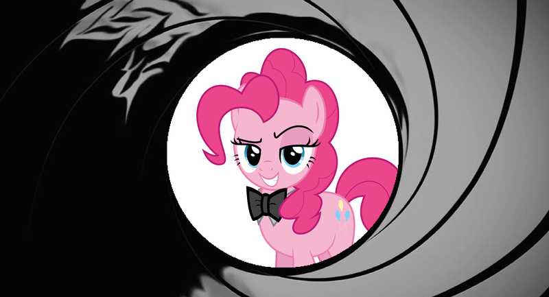 Size: 4164x2256 | Tagged: safe, artist:disneymarvel96, artist:jhayarr23, derpibooru import, edit, pinkie pie, pony, bowtie, gun barrel, james bond, smug