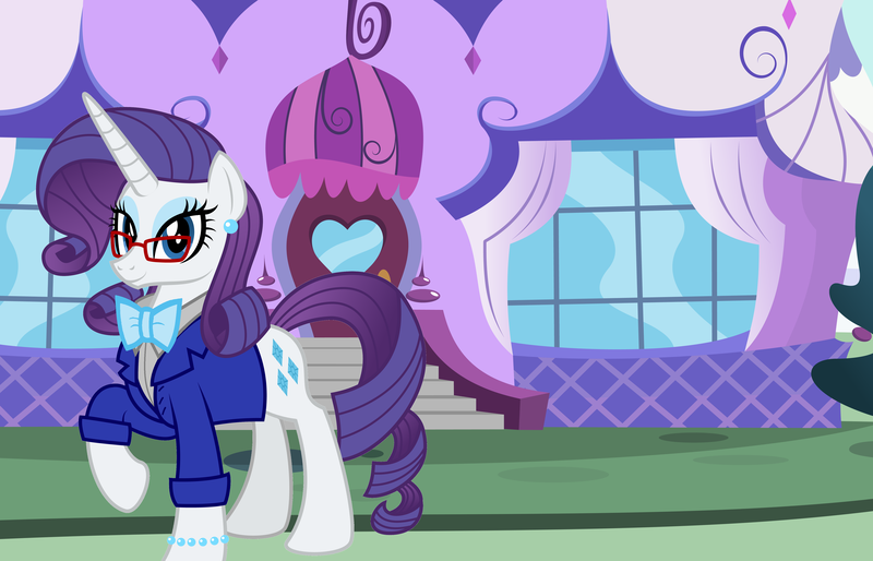 Size: 5176x3328 | Tagged: safe, artist:aleximusprime, artist:disneymarvel96, derpibooru import, edit, vector edit, rarity, pony, boutique, bowtie, canterlot, clothes, glasses, older, older rarity, suit, vector