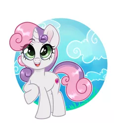 Size: 2975x3213 | Tagged: safe, artist:annakitsun3, derpibooru import, sweetie belle, pony, unicorn, circle background, cloud, cute, cutie mark, diasweetes, eye clipping through hair, female, filly, looking at you, open mouth, raised hoof, smiling, solo, the cmc's cutie marks