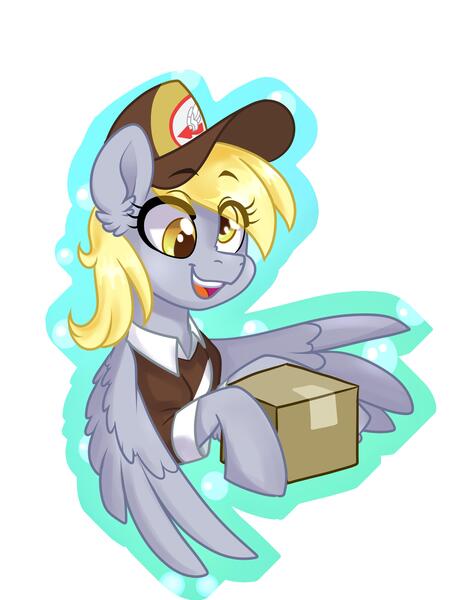 Size: 3000x4000 | Tagged: safe, artist:annakitsun3, derpibooru import, derpy hooves, pegasus, pony, box, bust, female, holding, mailmare, mailpony, mare, open mouth, portrait, smiling, solo, spread wings, wings