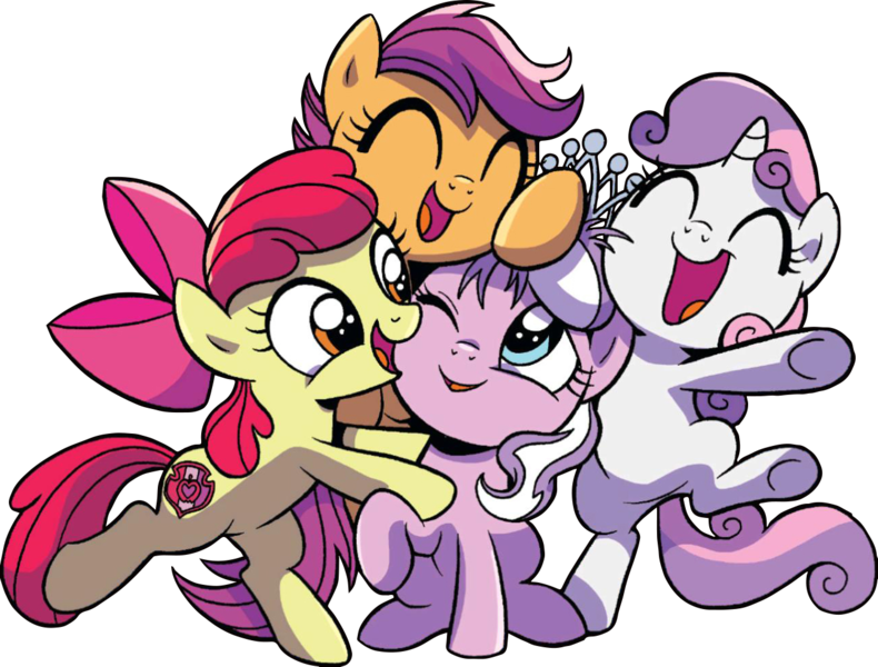 Size: 1291x980 | Tagged: apple bloom, artist:brendahickey, background removed, cute, cutie mark crusaders, derpibooru import, diamond tiara, female, group hug, hug, idw, safe, scootaloo, simple background, smiling, spoiler:comic, spoiler:comicspiritoftheforest03, sweetie belle, tiaralove, transparent background