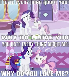 Size: 642x724 | Tagged: angry, caption, derpibooru import, edgy, edit, edited screencap, editor:undeadponysoldier, hate, hub logo, i hate everything about you, image macro, 'new', out of context, pointing, rarity, safe, screencap, song reference, sweetie belle, text, three days grace, yelling