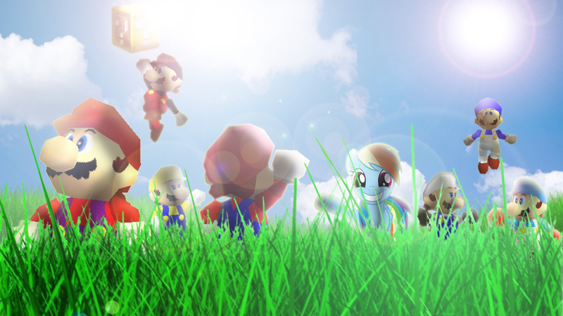 Size: 1920x1080 | Tagged: safe, artist:irham7762, derpibooru import, rainbow dash, pony, 3d, grass, mario, smg4, super mario 64, super mario bros.