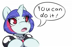 Size: 2140x1396 | Tagged: safe, artist:helixjack, derpibooru import, oc, oc:mew, unofficial characters only, pony, unicorn, eyebrows visible through hair, female, horn, latex dress, mare, solo, speech, talking, unicorn oc