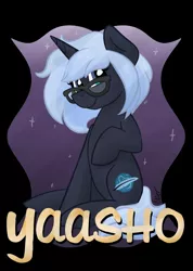 Size: 755x1058 | Tagged: safe, artist:cadetredshirt, derpibooru import, oc, oc:yaasho, pony, unicorn, badge, digital, female, full body, looking at you, smiling, solo, space, text