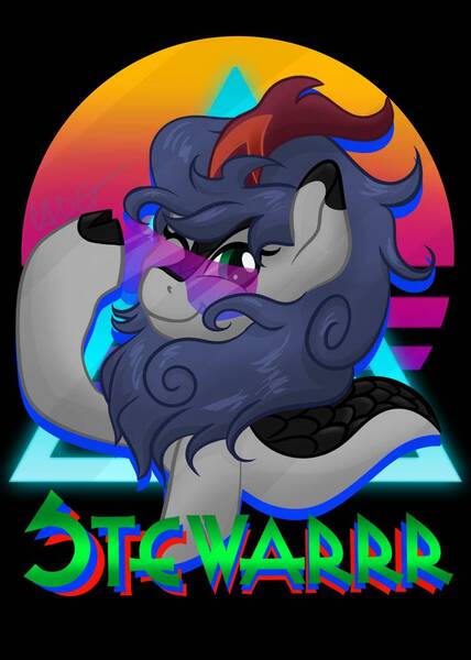 Size: 755x1058 | Tagged: safe, artist:cadetredshirt, derpibooru import, oc, kirin, badge, glasses, image, jpeg, kirin oc, looking at you, smiling, solo, text, vaporwave