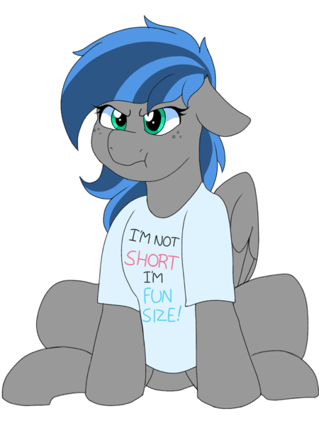 Size: 768x1024 | Tagged: safe, artist:littlebibbo, derpibooru import, oc, oc:bibbo, pegasus, pony, :t, angry, clothes, ear down, female, floppy ears, freckles, in denial, mare, shirt, short, simple background, sitting, t-shirt, wings