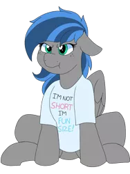 Size: 768x1024 | Tagged: safe, artist:littlebibbo, derpibooru import, oc, oc:bibbo, pegasus, pony, :t, angry, clothes, ear down, female, floppy ears, freckles, in denial, mare, shirt, short, simple background, sitting, t-shirt, wings