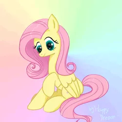 Size: 720x720 | Tagged: safe, derpibooru import, fluttershy, pegasus, pony, cute, female, gradient background, mare, raised hoof, shyabetes, sitting, smiling, solo, sparkling eyes