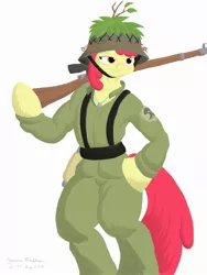 Size: 1800x2400 | Tagged: apple bloom, artist:rockhoppr3, clothes, colored, derpibooru import, dog tags, gun, helmet, hoof hands, rifle, safe, semi-anthro, signature, simple background, sniper rifle, solo, uniform, weapon, world war ii