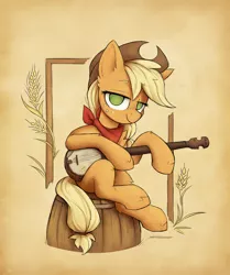 Size: 2262x2700 | Tagged: safe, artist:anotherdeadrat, derpibooru import, applejack, earth pony, pony, bandana, banjo, barrel, colored, digital art, female, mare, musical instrument, signature, sitting, smiling, solo