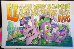 Size: 2048x1361 | Tagged: safe, artist:andypriceart, derpibooru import, idw, spike, twilight sparkle, twilight sparkle (alicorn), alicorn, dragon, pony, spoiler:comic, apple, batman, book, claws, comic, cute, female, food, gem, john lennon, male, mare, reading, relaxing, soda, spikabetes, spikelove, superman, toes, traditional art, twiabetes, winged spike, wonder woman