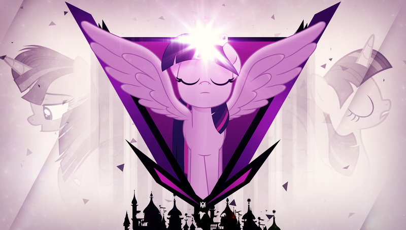 Size: 3840x2180 | Tagged: alicorn, artist:drakesparkle44, artist:jhayarr23, artist:theshadowstone, canterlot, concentrating, derpibooru import, edit, eyes closed, female, looking down, magic, mare, particles, profile, safe, silhouette, spread wings, twilight sparkle, twilight sparkle (alicorn), vector, wallpaper, wallpaper edit, wings