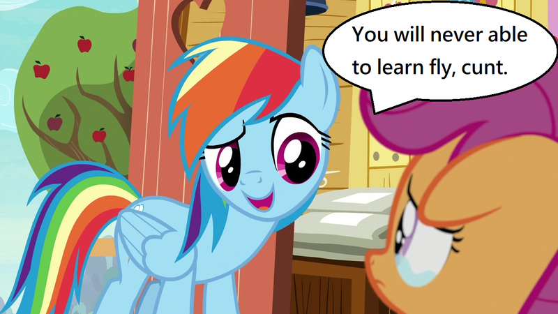 Size: 1280x720 | Tagged: safe, derpibooru import, edit, edited screencap, screencap, rainbow dash, scootaloo, pegasus, pony, the last crusade, abuse, background pony strikes again, cruel, cunt, downvote bait, duo, female, filly, grammar error, harsher in hindsight, mare, mouthpiece, out of character, rainbow douche, sad, scootabuse, teary eyes, vulgar