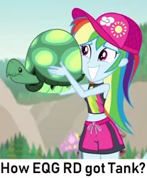 Size: 864x1044 | Tagged: safe, derpibooru import, edit, edited screencap, screencap, rainbow dash, tank, aww... baby turtles, equestria girls, equestria girls series, belly button, clothes, cropped, duo, question, swimsuit