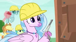 Size: 1280x720 | Tagged: safe, derpibooru import, edit, edited screencap, screencap, applejack, ocellus, sandbar, silverstream, changedling, changeling, classical hippogriff, earth pony, hippogriff, pony, non-compete clause, cowboy hat, delet this, female, flying, gun, handgun, hard hat, hat, jewelry, male, mare, necklace, nes zapper, nintendo, no trigger discipline, pistol, reaction image, teenager, weapon, zapper
