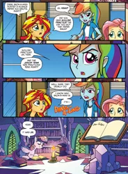 Size: 890x1207 | Tagged: safe, artist:tonyfleecs, derpibooru import, edit, fluttershy, rainbow dash, sunset shimmer, twilight sparkle, twilight sparkle (alicorn), alicorn, equestria girls, spoiler:comic, spoiler:comicholiday2014, anon-a-miss, candle, library, plot twist, royal we, what a twist