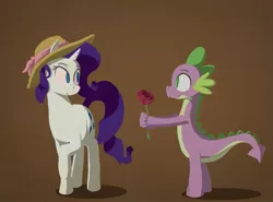 Size: 875x647 | Tagged: safe, artist:paper-pony, derpibooru import, rarity, spike, dragon, pony, female, flower, hat, looking at each other, male, mare, no pupils, one leg raised, rose, shipping, simple background, sparity, straight