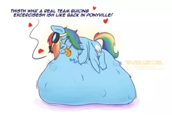 Size: 1280x853 | Tagged: suggestive, artist:bellspurgebells, derpibooru import, rainbow dash, spitfire, pony, belly, belly bed, belly bumps, big belly, blushing, dialogue, endosoma, fetish, goggles, huge belly, implied wonderbolts, impossibly large belly, preddash, soft vore, vore