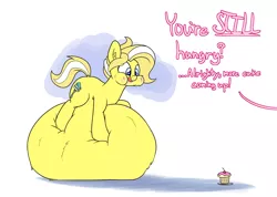 Size: 1280x909 | Tagged: suggestive, artist:bellspurgebells, derpibooru import, oc, oc:buttercream, belly, belly bed, big belly, chubby cheeks, cupcake, dock, food, huge belly, implied pinkie pie, impossibly large belly, messy eating, offscreen character, stuffed, tongue out