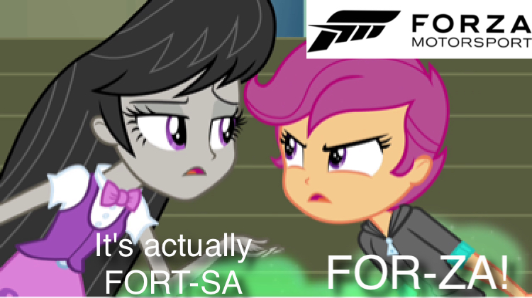 Size: 750x420 | Tagged: safe, derpibooru import, edit, edited screencap, screencap, octavia melody, scootaloo, equestria girls, rainbow rocks, argument, forza motorsport, misconception, pronunciation