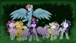 Size: 6000x3400 | Tagged: safe, artist:redheartponiesfan, derpibooru import, mean applejack, mean fluttershy, mean pinkie pie, mean rainbow dash, mean rarity, mean twilight sparkle, alicorn, earth pony, pegasus, pony, the mean 6, absurd resolution, clone, clone six, female, glowing eyes, looking at you, mare, mean six, messy mane, simple background, spread wings, wings