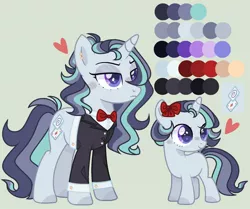 Size: 1280x1072 | Tagged: safe, artist:nocturnal-moonlight, derpibooru import, oc, oc:hypnotic spells, unofficial characters only, pony, unicorn, bow, clothes, female, filly, hair bow, heart, magical lesbian spawn, mare, offspring, parent:starlight glimmer, parent:trixie, parents:startrix, reference sheet, simple background, solo, suit