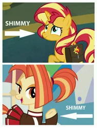 Size: 3106x4096 | Tagged: safe, derpibooru import, edit, edited screencap, screencap, shimmy shake, sunset shimmer, pony, 2 4 6 greaaat, equestria girls, equestria girls series, forgotten friendship, captain obvious, caption arrow, cute, know the difference, nickname, shakeabetes, shimmerbetes, shimmy