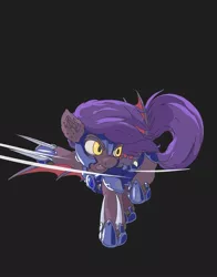 Size: 792x1008 | Tagged: safe, artist:myr2a, derpibooru import, oc, oc:dawn sentry, unofficial characters only, bat pony, pony, armor, bat pony oc, bat wings, female, guardsmare, helmet, hoof blades, mare, night guard, open mouth, raised hoof, royal guard, simple background, solo, wing claws, wings