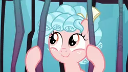 Size: 1280x720 | Tagged: safe, derpibooru import, cozy glow, pegasus, pony, school raze, bow, cage, cozybetes, curly hair, cute, female, filly, foal, freckles, hair bow, looking up, prisoner cozy glow, tartarus, wanna be friends?