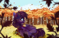 Size: 2000x1287 | Tagged: safe, artist:teaflower300, derpibooru import, oc, unofficial characters only, pegasus, pony, autumn, cutie mark, female, floppy ears, forest, leaves, mare, meadow, prone, smiling, solo